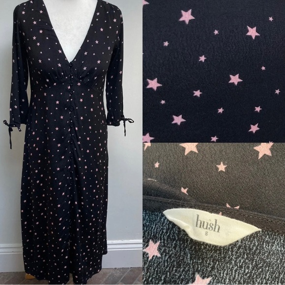 hush Dresses & Skirts - Hush Star Print Susannah Dress Size 8 Black Pink Star 3/4 Sleeve Button Viscose